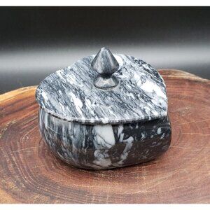 Vintage Marble Heart Trinket Box Gray Black Stone Vanity 4" Repaired Lid VTG